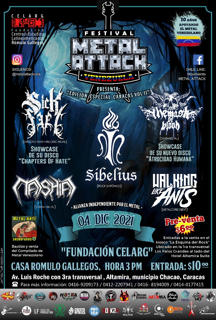 horaverde929's tweet photo. #MetalAttack en @Celarg @MetalAttackVzla 4.12.2021 #Rock #Sibelius #Mashiaj #SickFeel #TheMaskOfBlood #WalkingLikeAnts Pre Venta ya ---> más info ---> +4122207941 +4168194009 +4140177415 y +4169209173 @butacainglesa @observadorlat @utopialab @CafeDonzella https://t.co/9fiOVdo9ah