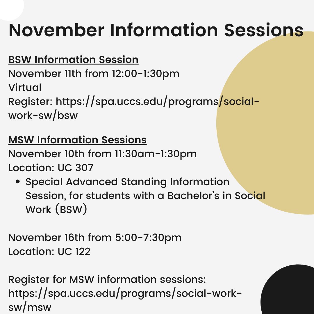 UCCSSocialWork's tweet photo. November Information Sessions! 

BSW Registration link: https://t.co/NJr1jOsnh5

MSW Registration link: https://t.co/11x9R9tVhW https://t.co/uJPRNPf80L
