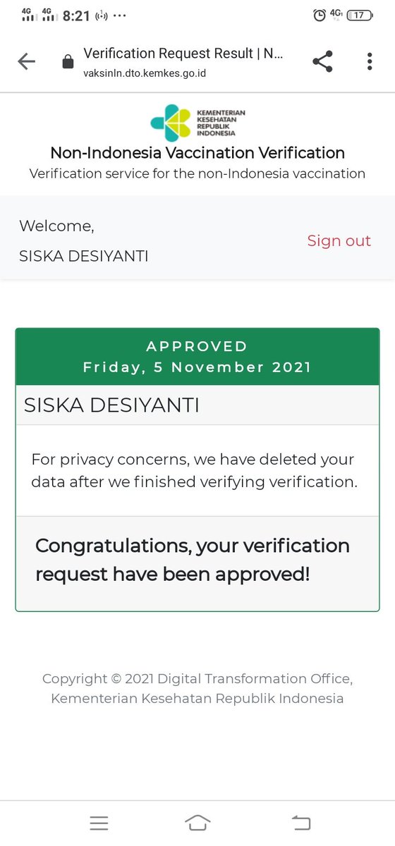 siskady_'s tweet photo. @PLindungi Hi kak, saya sudah vaksin 2x di luar negeri dan sudah melaporkan datanya ke Kemkes. Hari ini dapat approval dari Kemkes. Tapi di aplikasi peduli lindungi kenapa masih belum bisa cek sertifikat vaksin ya? Tolong infonya. Terima kasih. https://t.co/Lz95vFAXaM