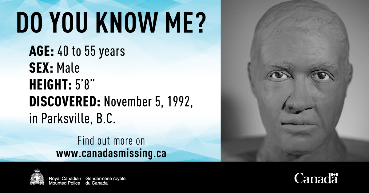 rcmpgrcpolice's tweet photo. Do you know me? I was discovered on November 5, 1992, in Parksville, British Columbia. I am thought to be between 40 and 55 years old at the time of my death. To learn more or submit a tip, visit: https://t.co/ODDlddmvin #15Faces @BCRCMP https://t.co/6uDaVAalQ8