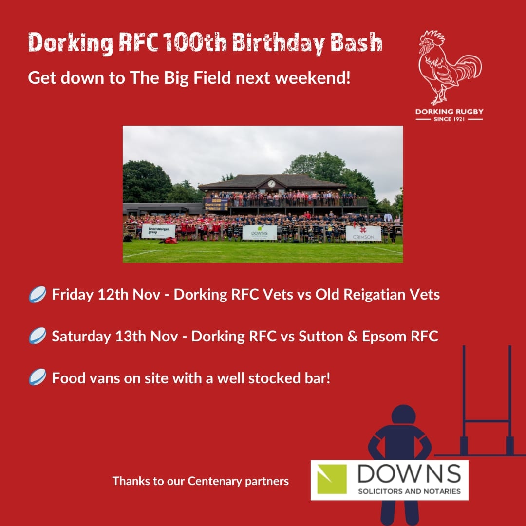DorkingRugby's tweet photo. There are plenty of fixtures to be excited about this weekend, but next weekend there is the small matter of our official 100th Birthday!

Dont miss it! https://t.co/CnduLDJ6xO