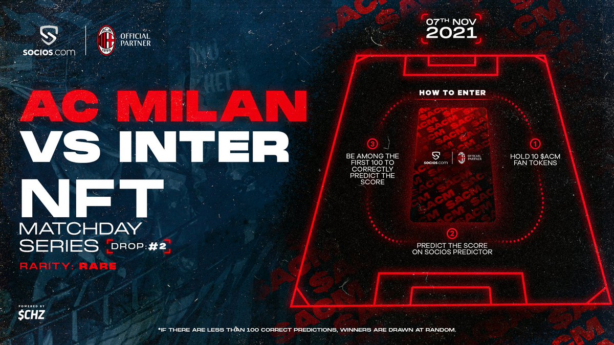 socios's tweet photo. 🔴⚫#ACMNFT Matchday Series Drop 2!

The second @acmilan NFT is coming exclusively to the Socios App this Sunday &amp; it's a Derby della Madonnina special.

Follow the steps to be 1 of only 100 to own the rare NFT 👇

⚡ $CHZ https://t.co/At6UtvbuFJ