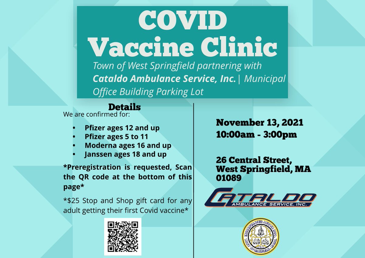 WSPSHealth's tweet photo. The COVID Vaccine is available for anyone age 5+ on 11/13/21 at 26 Central St in West Springfield. Preregister using the QR code https://t.co/bAuKBqvcLo