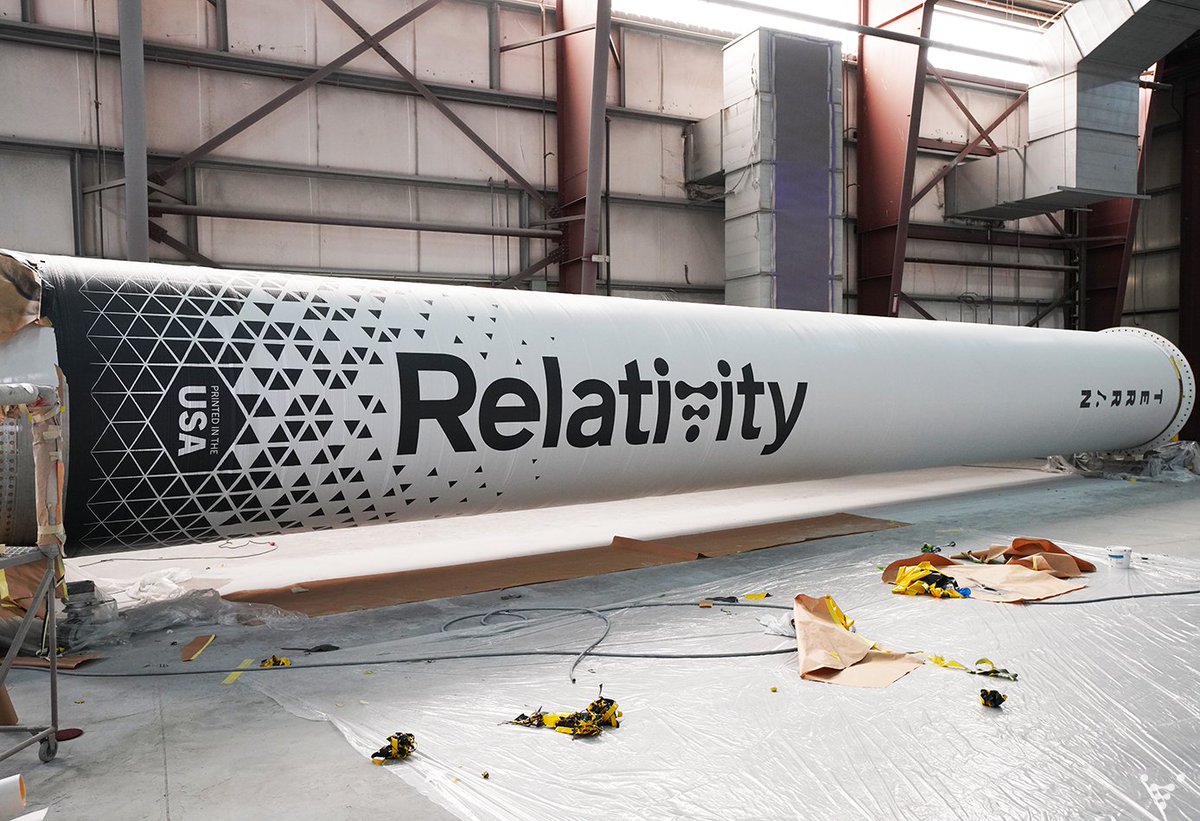 relativityspace's tweet photo. Happy #Friday! In case you missed the latest #Terran1 updates from yesterday's November Issue of #ThePrint, we recently painted S1 with an electrostatic dissipative coating for protection in flight, getting us one step closer to launch. https://t.co/drTrt7ZGaO