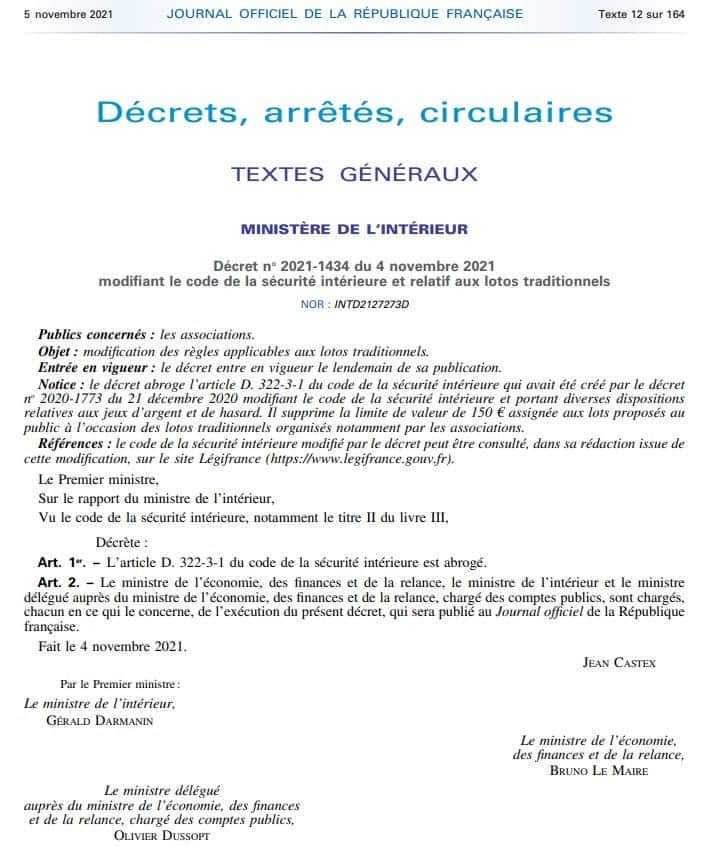 🏆 Comme s'y était engagée <a href="/sarahelhairy/">Sarah EL HAÏRY</a> le 12 octobre dernier, après mon intervention à l'<a href="/AssembleeNat/">Assemblée nationale</a>, je vous informe de l'entrée en vigueur ce jour du décret supprimant le seuil limitant la valeur des lots mis en jeu lors des lotos traditionnels à 150 euros. #circo3703 
⬇️