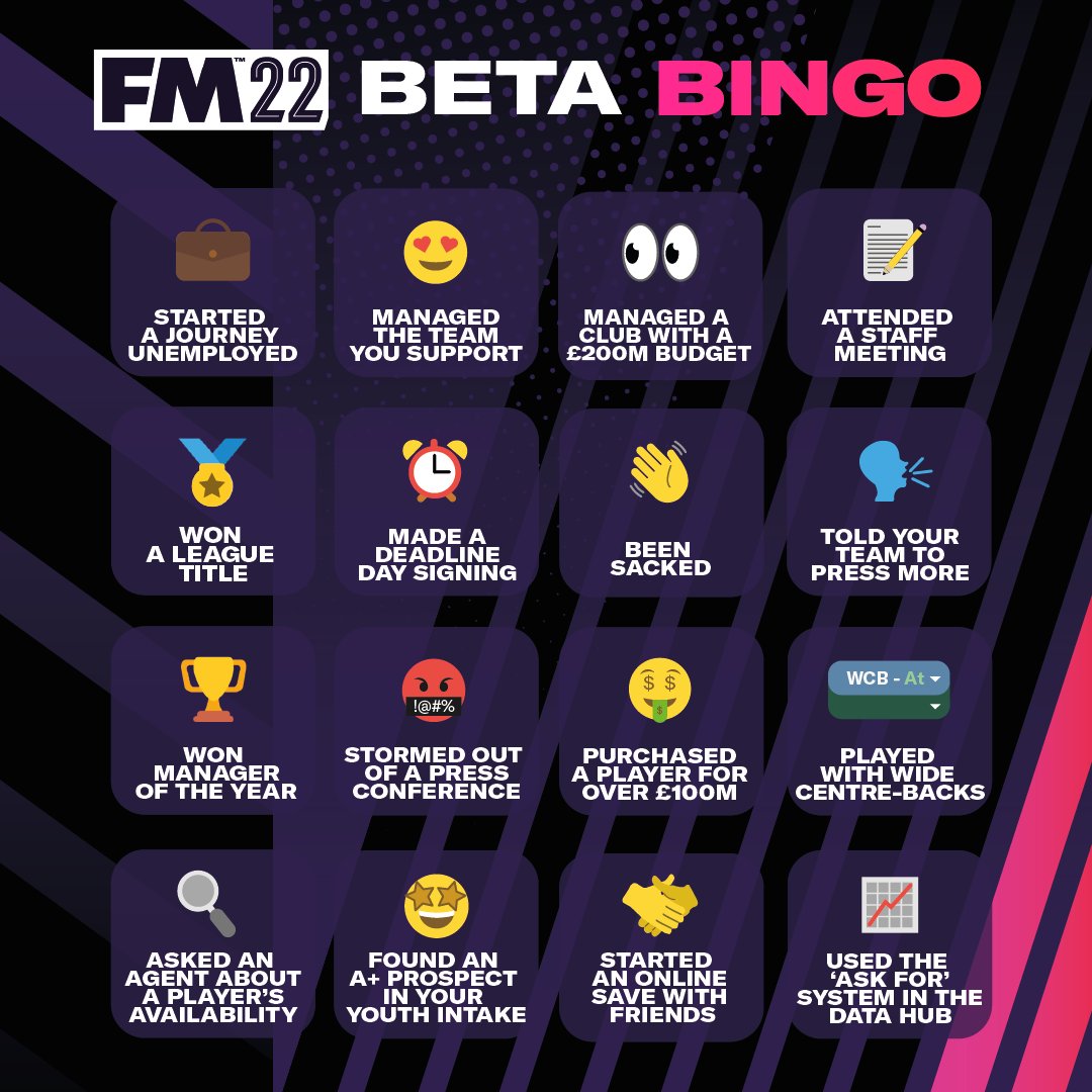FootballManager's tweet photo. #FM22Beta Bingo 🎟️

How many of these have you ticked off? ✅ https://t.co/mutGQmeido