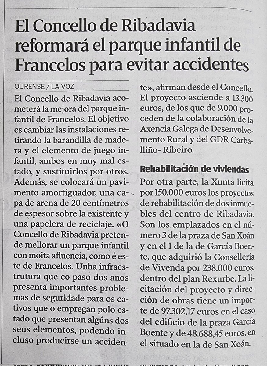 RibeiroEnComun's tweet photo. ℹ🗞📰 @vozourense
1️⃣ O Concello de #Ribadavia reformará o parque infantil de #Francelos.
2️⃣ A Xunta adxudica a redacción do proxecto para rehabilitar dúas vivendas do #CascoHistórico.
➡️ Máis información: https://t.co/qLu1jCDoLJ https://t.co/49eBK2vimZ