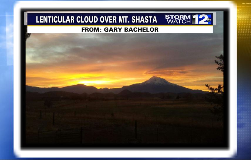 Let's appreciate this awesome lenticular cloud seen over Mt. Shasta illuminated by this morning's sunrise! Those circular clouds aren't spaceships, but this photo is certainly out of this world!