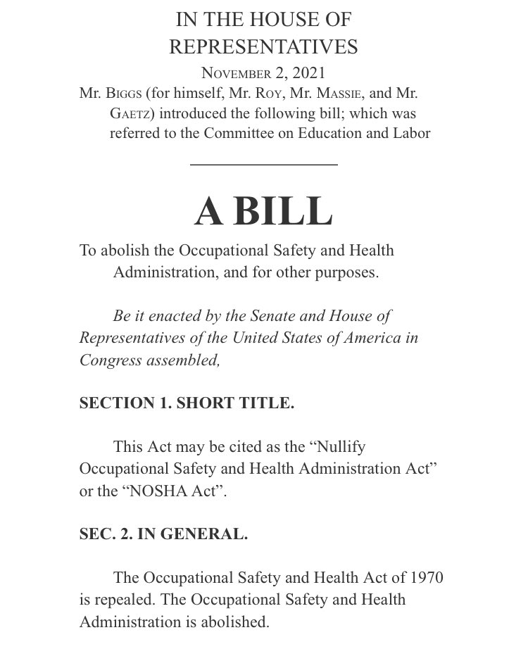ABOLISH OSHA. Any agency carrying out hurtful and unconstitutional acts on the American people is an agency that needs to be abolished. We introduced a bill this week to NULLIFY OSHA. #NOSHA 
<a href="/RepAndyBiggsAZ/">Rep Andy Biggs</a> @RepMattGaetz <a href="/RepChipRoy/">Rep. Chip Roy Press Office</a> <a href="/RepRalphNorman/">Rep. Ralph Norman</a> <a href="/RepScottPerry/">Rep. Scott Perry</a> <a href="/RepMaryMiller/">Rep. Mary Miller</a>