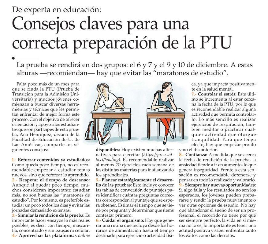 📰#UDLAenLosMedios La Decana de la Facultad de #Educación, <a href="/AnaHenriquez/">Ana Henríquez</a>, entregó en El Mercurio y otros medios, diversos consejos para una correcta preparación para rendir la Prueba de Transición para la Admisión Universitaria #PDT #PTU