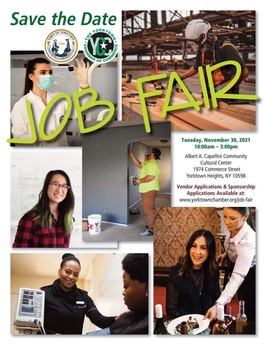 Are you looking for a new career that offers awesome growth opportunity? Come and check out the upcoming Job Fair, hosted by the Yorktown Chamber of Commerce. Tuesday, November 30, 2021, 10:00am – 3:00pm, Albert A. Capellini Community Cultural Ctr, 1974 Commerce St, Yorktown Hgts
