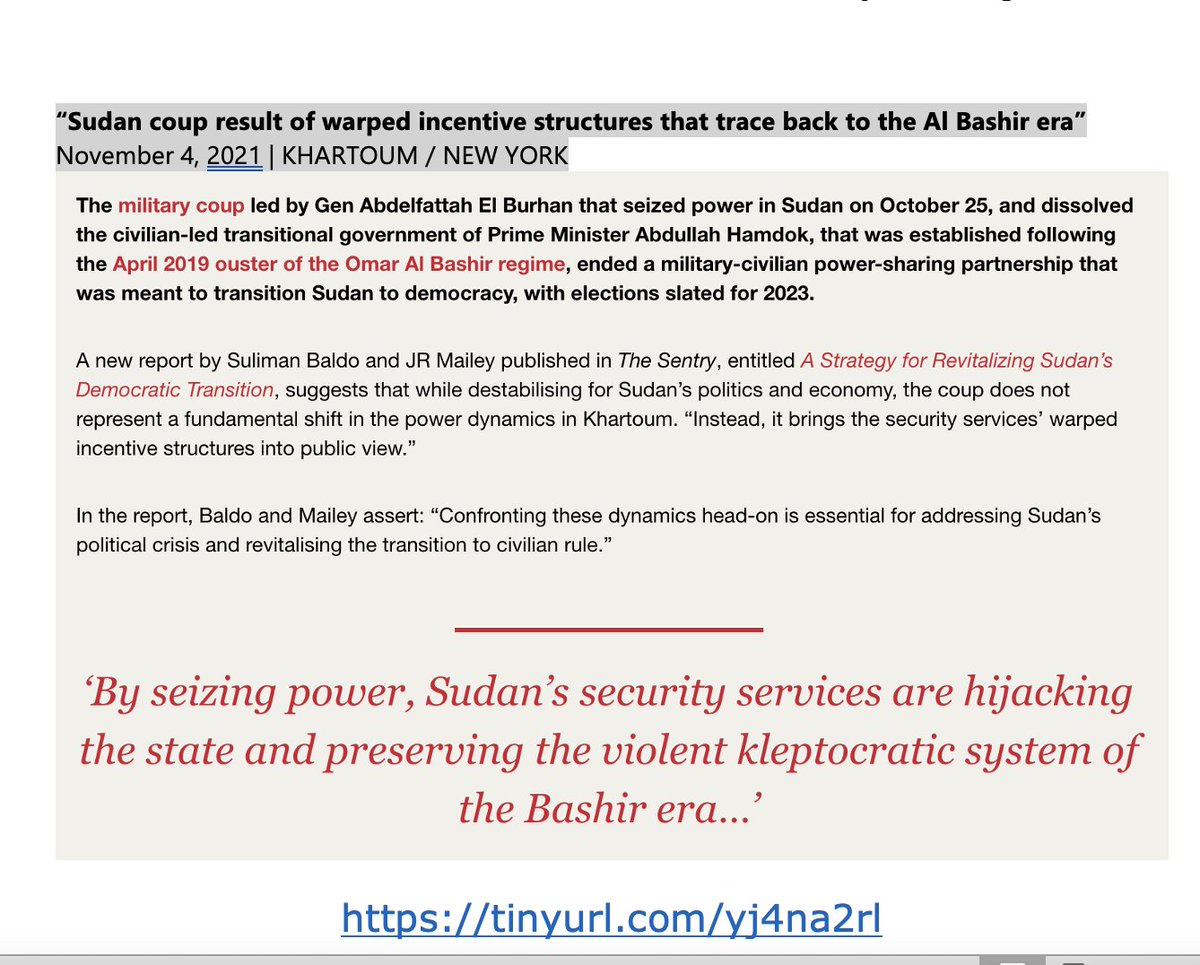sudanreeves's tweet photo. Key issues are raised by #Baldo and #Mailey in their new report on the disastrous consequences of al-#Bashir-era control of economy, military, and security services. Their account of the residual effects of this distorted constitution of the #Sudan-ese state is required reading. https://t.co/6nAxgth1br