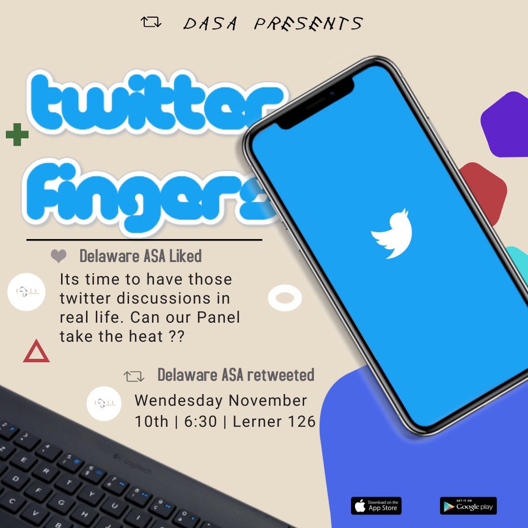 AsaDelaware's tweet photo. We’re putting our panel in the hot seat.! Can they keep the same energy online and in person?
• 
Delaware ASA Presents “Twitter Fingers” Join us November 10th @6:30 Lerner 126.
•
Dm us tweet submissions that you would want us to talk about. Will we be seeing your tweets 👀👀 https://t.co/UREDaPKT29