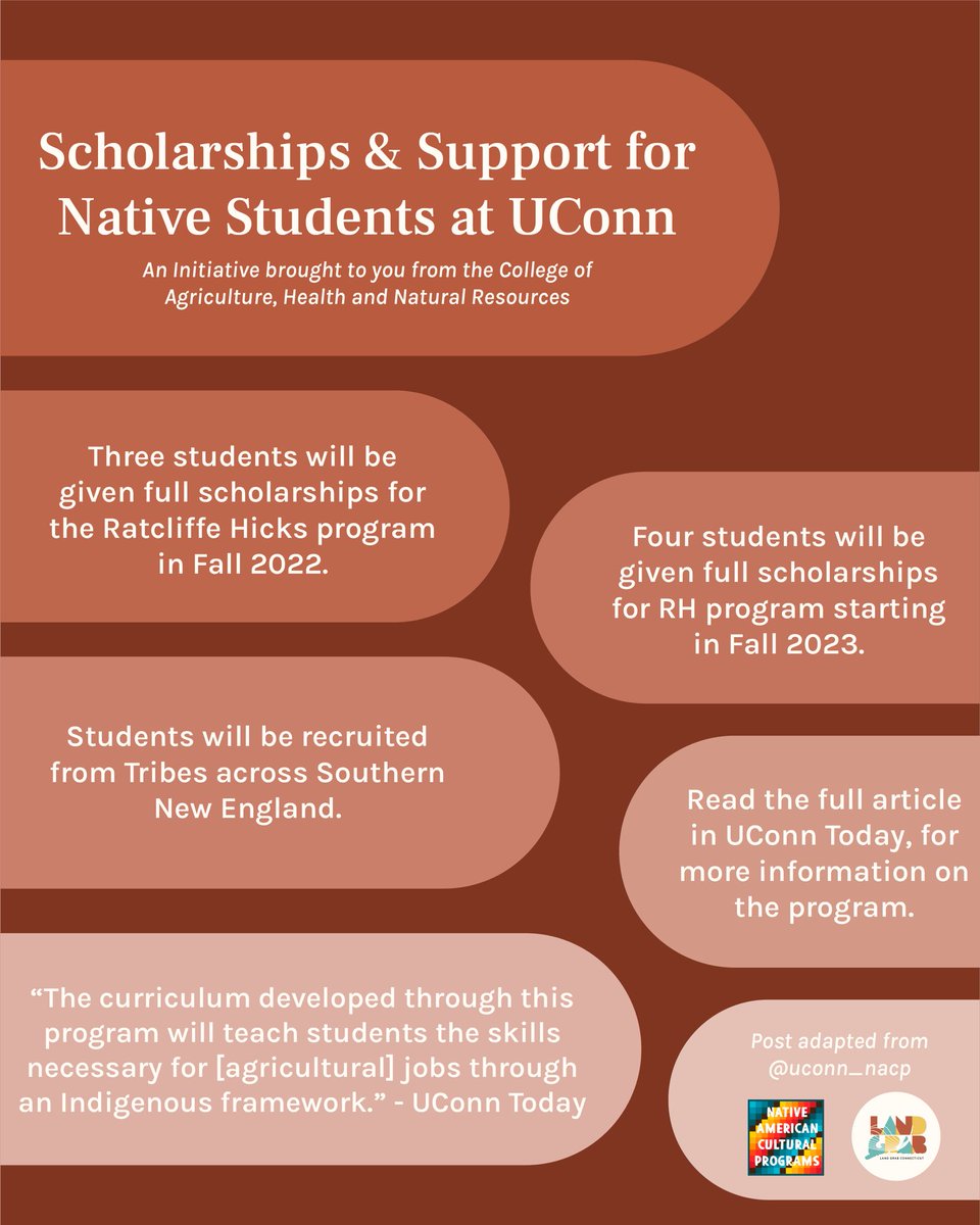 NEW SCHOLARSHIPS FOR NATIVE STUDENTS! <a href="/UConnNACP/">UConn NACP</a> and <a href="/UConnCAHNR/">UConn CAHNR</a> have launched a new initiative to support Indigenous students through scholarships to the Ratcliffe Hicks Program starting Fall 2022! Check it out! 
#landgrabct #landgrabu
