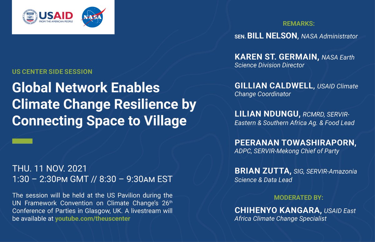 Hear from thought leaders <a href="/NASA/">NASA</a>, <a href="/USAID/">USAID</a> &amp; across <a href="/SERVIRGlobal/">SERVIR Global Collaborative</a> on global climate resilience at a special <a href="/COP26/">COP26</a> session next Thursday! #SpacetoVillage📽️:youtube.com/user/TheUSCent…