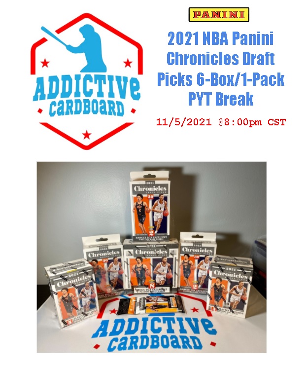 AddictiveCardb1's tweet image. 2021 Chronicles Draft Picks Basketball PYT Break tonight @ 8pm CST. Team auctions start closing @ 7pm CST.

ebay.com/str/addictivec…
 
#groupbreaks #ROOKIES #nba #sportscardinvestor #sportscards #basketballcards #addictivecardboard

@HobbyConnector  @CardPurchaser @Hobby_Connect
