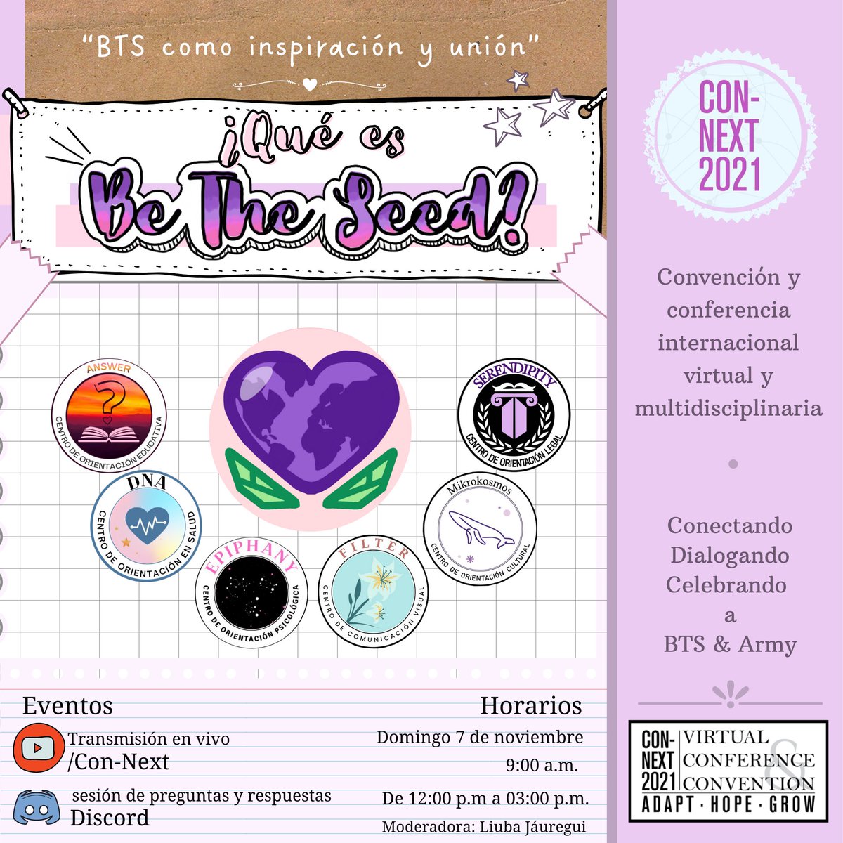 Estamos muy felices de anunciar nuestra participación en el Congreso internacional <a href="/RhizomeConnect/">Con-NEXT⁷</a> en el que representaremos a México y Latam, explicando lo que hacemos y cómo *BTS* es nuestra influencia para ayudar y buscar un mundo mejor 🌱
Tendremos 2 eventos 💼:

continúa 👇