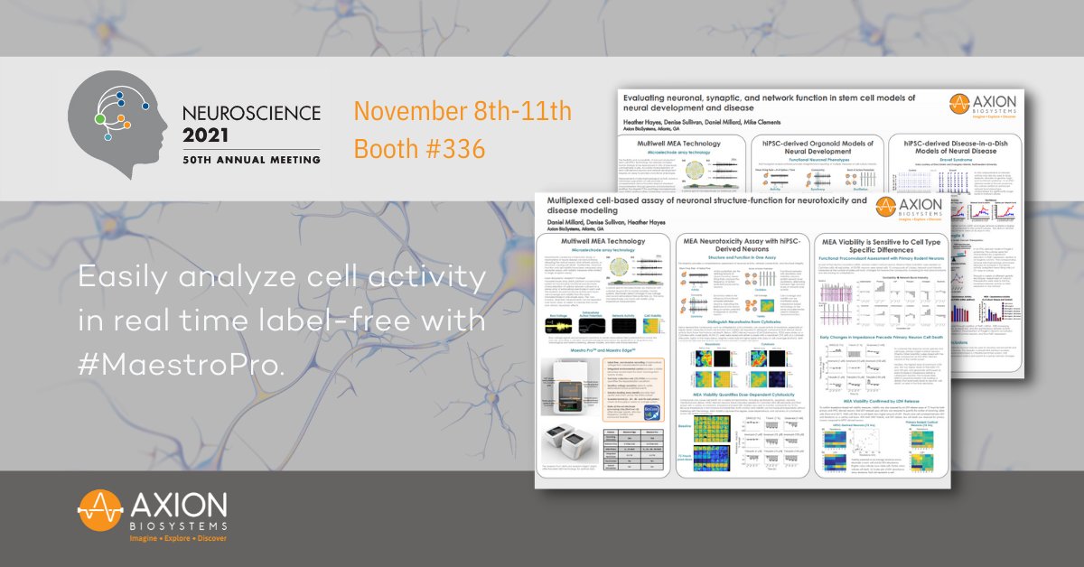 axionbio1's tweet photo. Come see us virtually at #SfN21 November 8-11th!
Stop by and chat about how @axionbio1 #MaestroPro platform allows you to discover more from your #invitro neural models.
#neuroscience #multielectrodeArray #bioelectronicAssay #neurotoxicity #diseasemodeling https://t.co/4u13tcix0O