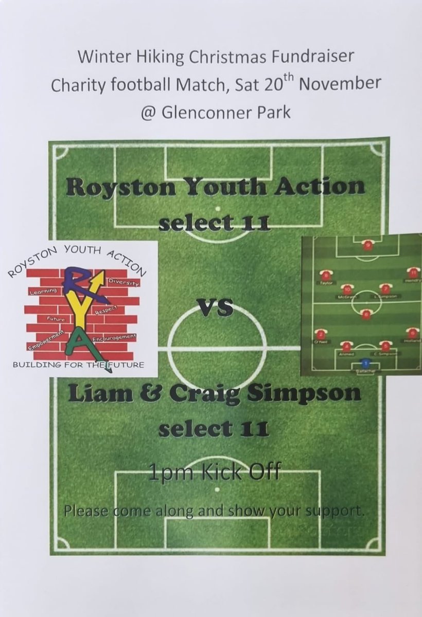 RoystonYouthAct's tweet photo. RYA have been challenged to a football match by @WinterHiking ⚽️ Two great local lads Craig and Liam are the ones who thought up this fundraiser and lots of other activities 🙌🏽

P.S. if any pro players would like to join team RYA give us a shout so we don’t get thrashed 😂🤞🏽 https://t.co/KynTeIdraa