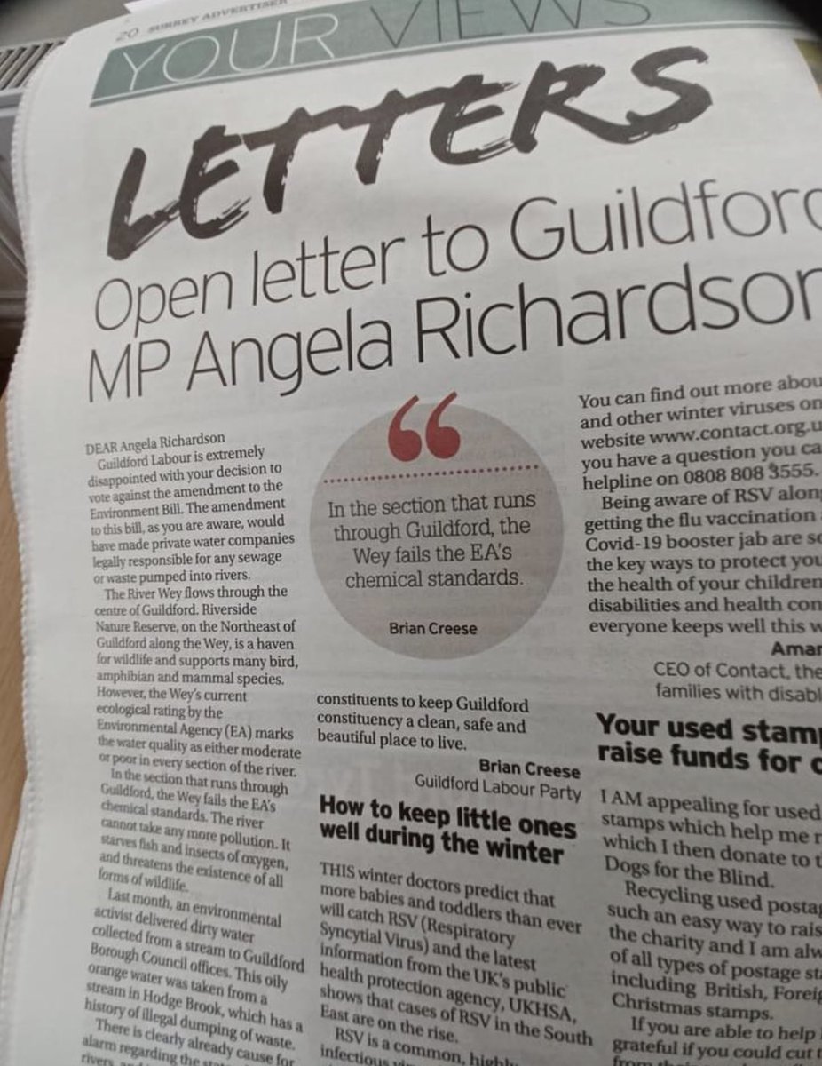 GuildfordLabour's tweet photo. An open letter to @AJRichardsonMP from our chair Brian Creese on how her vote in parliament is directly affecting our River Wey. https://t.co/CMolBgkZ7R