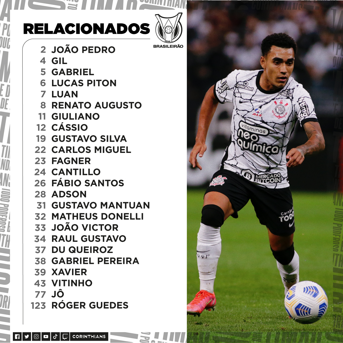 Confira a lista dos jogadores do Timão relacionados para este duelo diante do Fortaleza. Fonte: Corinthians/Twitter