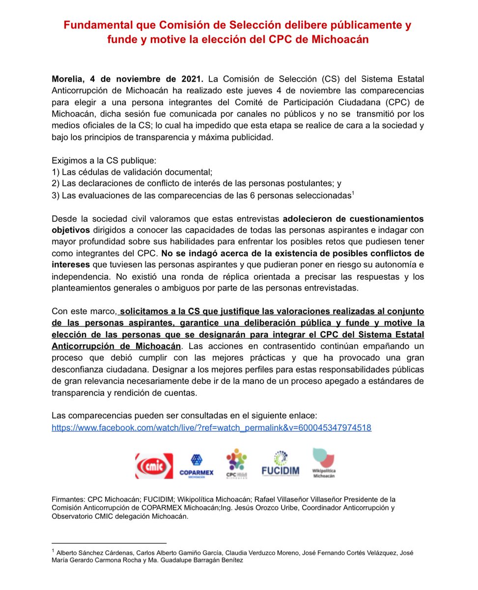 📢 Después de dar seguimiento a las comparecencias de los 6️⃣ aspirantes al <a href="/cpcmichoacan/">CPCMich</a> solicitamos a la #ComisióndeSelección se justifique las valoraciones realizadas, garantice deliberación pública y motive la elección de las personas que se designarán 🧐 #PerfilesIdoneosYa