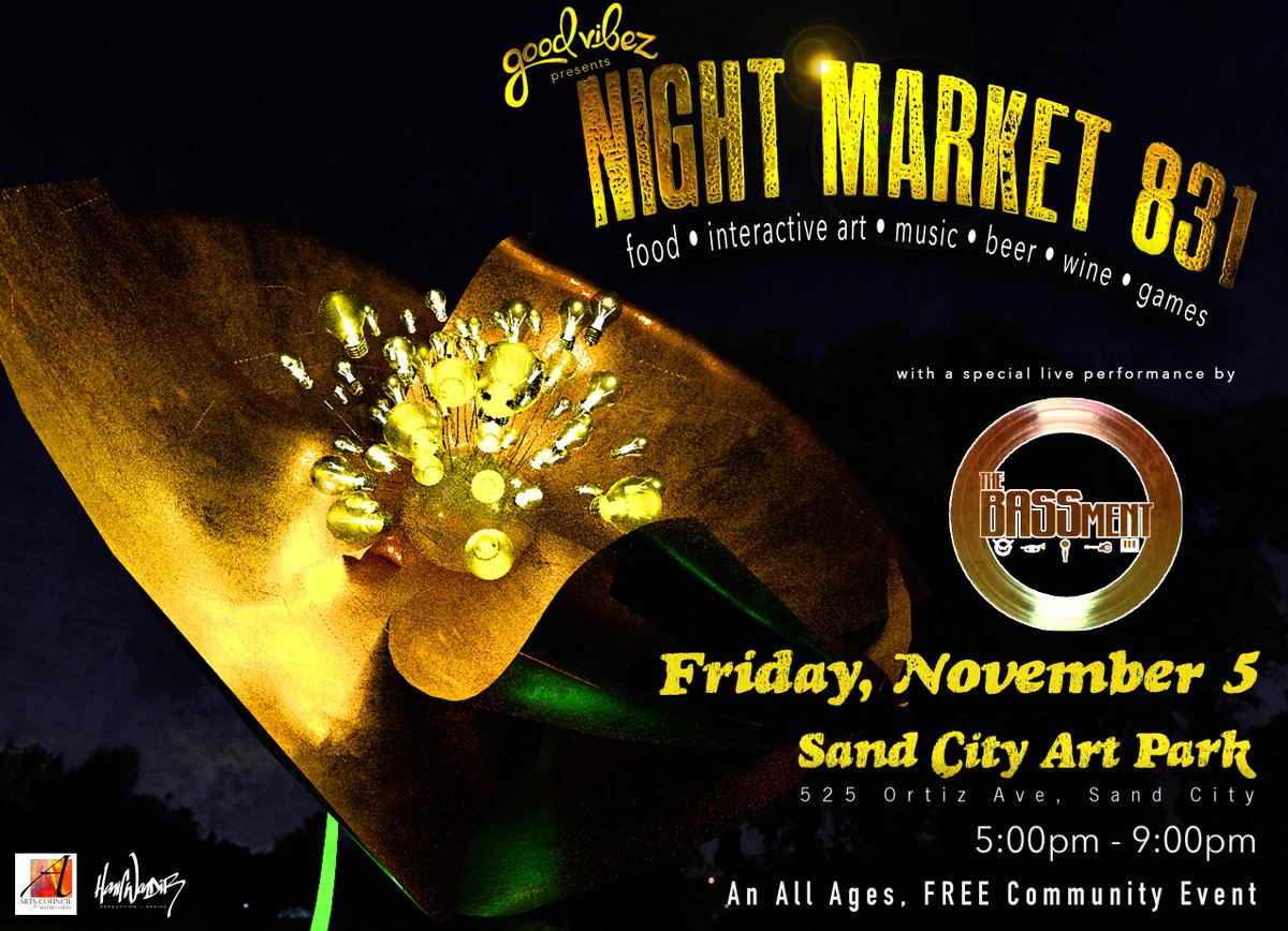 SandCityCA's tweet photo. The first ever Night Market 831 kicks off tonight at the Art Park featuring a stellar line up of local favorites! Experience an evening of great food &amp; drinks, shopping &amp; interactive art! Location: Sand City Art Park (Corner of Contra Costa and Redwood) | Time: 5pm to 9pm https://t.co/4lTtUWhrQY