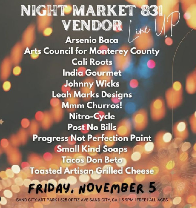 SandCityCA's tweet photo. The first ever Night Market 831 kicks off tonight at the Art Park featuring a stellar line up of local favorites! Experience an evening of great food &amp; drinks, shopping &amp; interactive art! Location: Sand City Art Park (Corner of Contra Costa and Redwood) | Time: 5pm to 9pm https://t.co/4lTtUWhrQY
