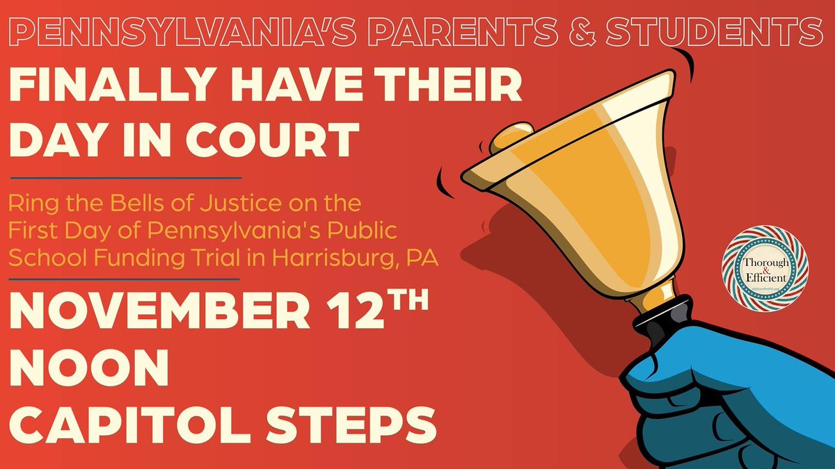 tomea2018's tweet photo. Where will you be a week from today? In Harrisburg with us ringing the bells of justice for education to celebrate the first day of the Fair Funding trial! Sign up today: https://t.co/b8qIZF3wTW #thoroughandefficient #fundourschoolspa @childrenfirstpa @edlawcenterpa @PubIntLawCtr https://t.co/33J0OAMvGD