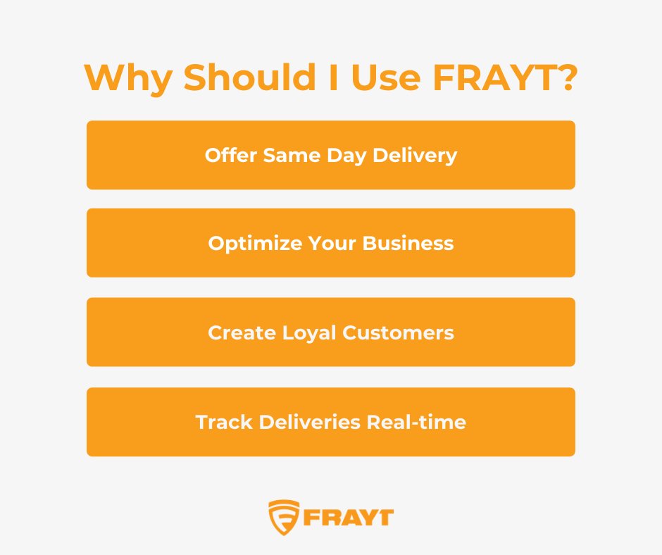 FraytApp's tweet photo. Why FRAYT? 

Don't lose business because of negative delivery experience.

Delight your customers with real-time tracking, same day delivery, and #FRAYT Drivers who care.

Get started: https://t.co/WRUXToycEB https://t.co/S97bE0oqbu