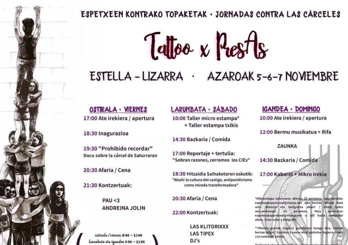 Mañana estaremos en Lizarra!

🕔 18:30

Abolir la cultura del castigo. Antipunitivismo como mirada transformadora.

Os esperamos con <a href="/presas_x/">Tattoo X presAs</a> 

❤️💜🖤