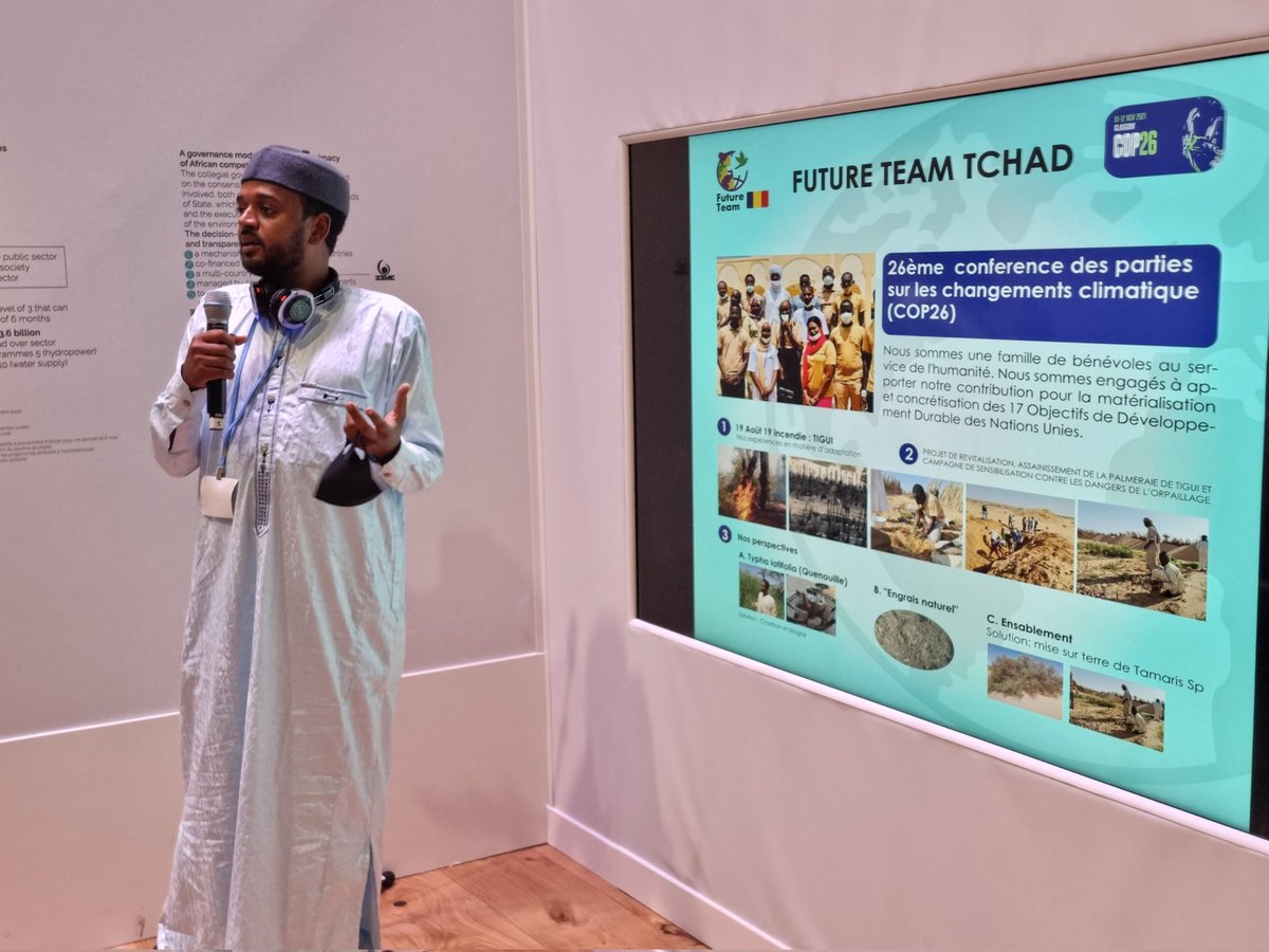 DrHassane90's tweet photo. #COP26
Aujourd'hui notre chargé de l'environnement l'agronome Abakar Torh à valablement présenté nos différents projets à la journée accordée au Tchad.
Nous restons optimistes💯

#ClimateAction 
#COP26Glasow https://t.co/LT3QNDZwSi