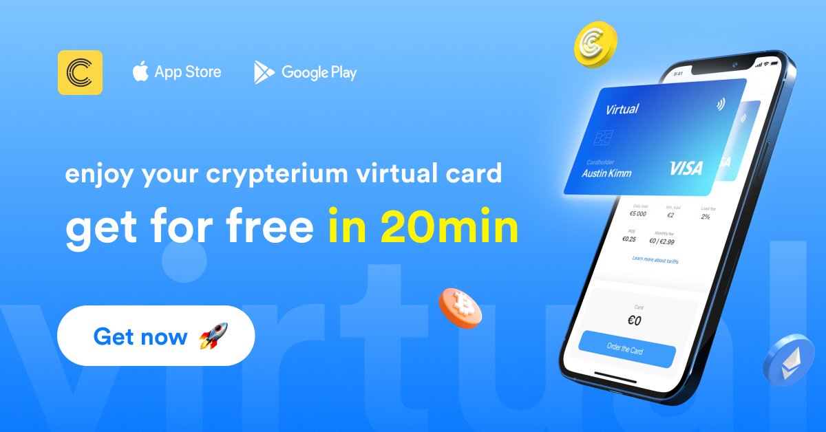 crypterium's tweet photo. Getting a card in just minutes? Yes!
Apply for a virtual #CrypteriumCard VISA and experience the fastest card issuance ever. Top it up straight from Crypterium Wallet, connect to #ApplePay and get ready to pay anywhere, anytime๐https://t.co/pB6MVF4kt0 https://t.co/sMtdK1tqqu