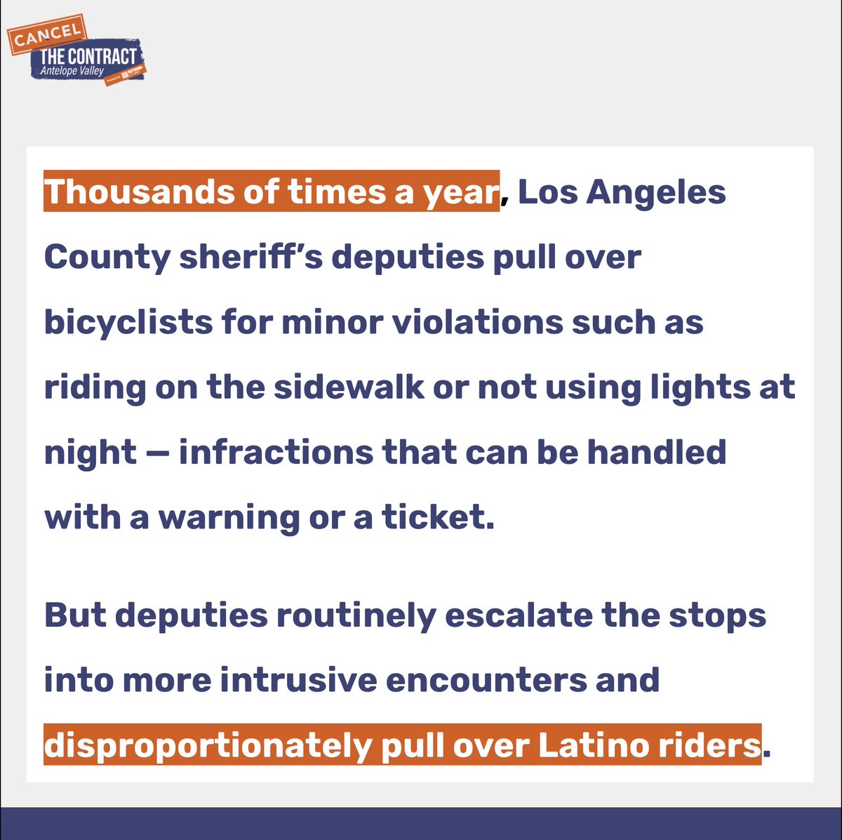 They ride despite risks of hit-and-run collisions…and the LA County Sheriff’s Department’s harassment. This has to end. ThePeoplesComplaint.com is our way to fight back. Join us there and then help us #CancelTheContractAV: CancelTheContract.com 

latimes.com/projects/la-co…