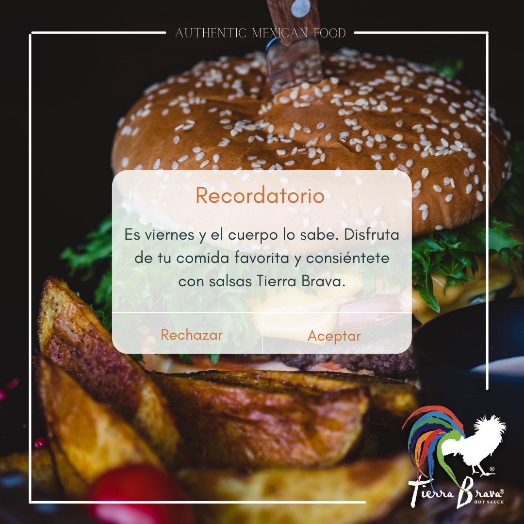 stierrabrava's tweet photo. Los fines de semana son la mejor opción para salir de la rutina y comer las cosas que más nos gustan, por eso creemos que la mejor opción para acompañar de esa rica comida es agregarle salsa Tierra Brava. 😋🔥🌶️🍔

#Hotsauce #food #hamburger #weekend #us #salsatierrabrava https://t.co/GU4hlYBky0