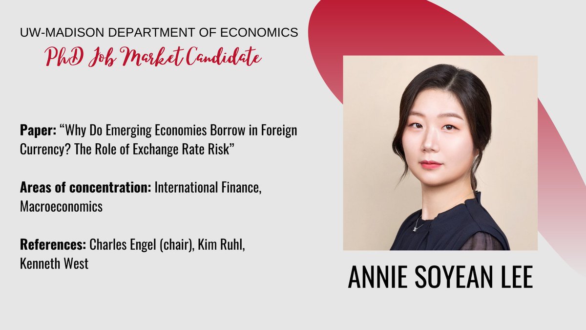 In her job market paper, Annie (<a href="/anniesoyeanlee/">Annie Lee</a>) shows that currency mismatch on lenders is a key determinant of foreign exchange rate risk premia and the currency composition of emerging market sovereign external debt. #EconJobMarket #EconTwitter econ.wisc.edu/staff/lee-soye…
