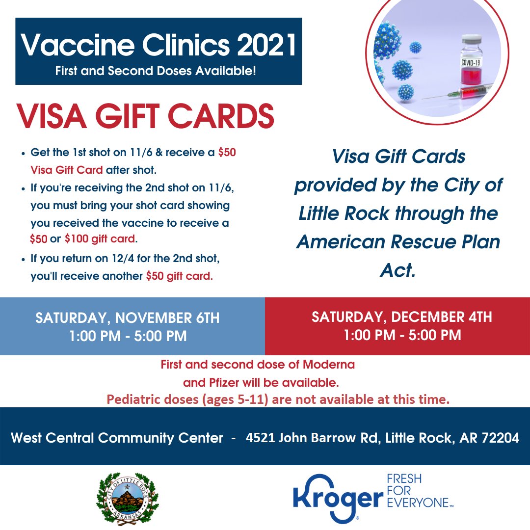 City of Little Rock on Twitter: "Incentives for COVID vaccination: $50 VISA Rewards  Card for both a first and a second dose of vaccine, or a $100 Rewards Card  for a second