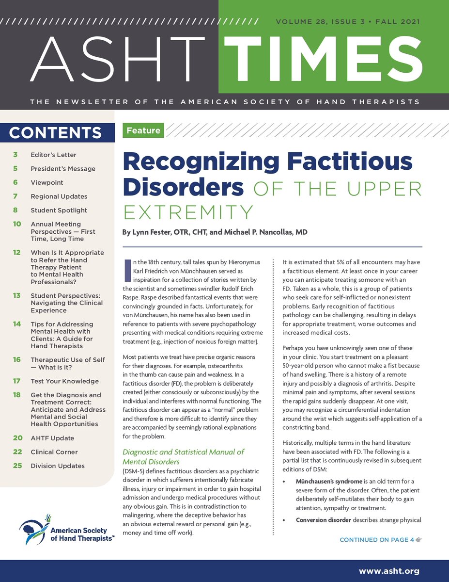 HandTherapyASHT's tweet photo. The ASHT Times Fall 2021 edition is now available!
https://t.co/pftpDWWELU
Please note: You must be logged into the ASHT website to access the issue.
#handtherapy #upperextremity #handtherapist #mentalhealth #ASHT2021 https://t.co/j3RtkTgl6S