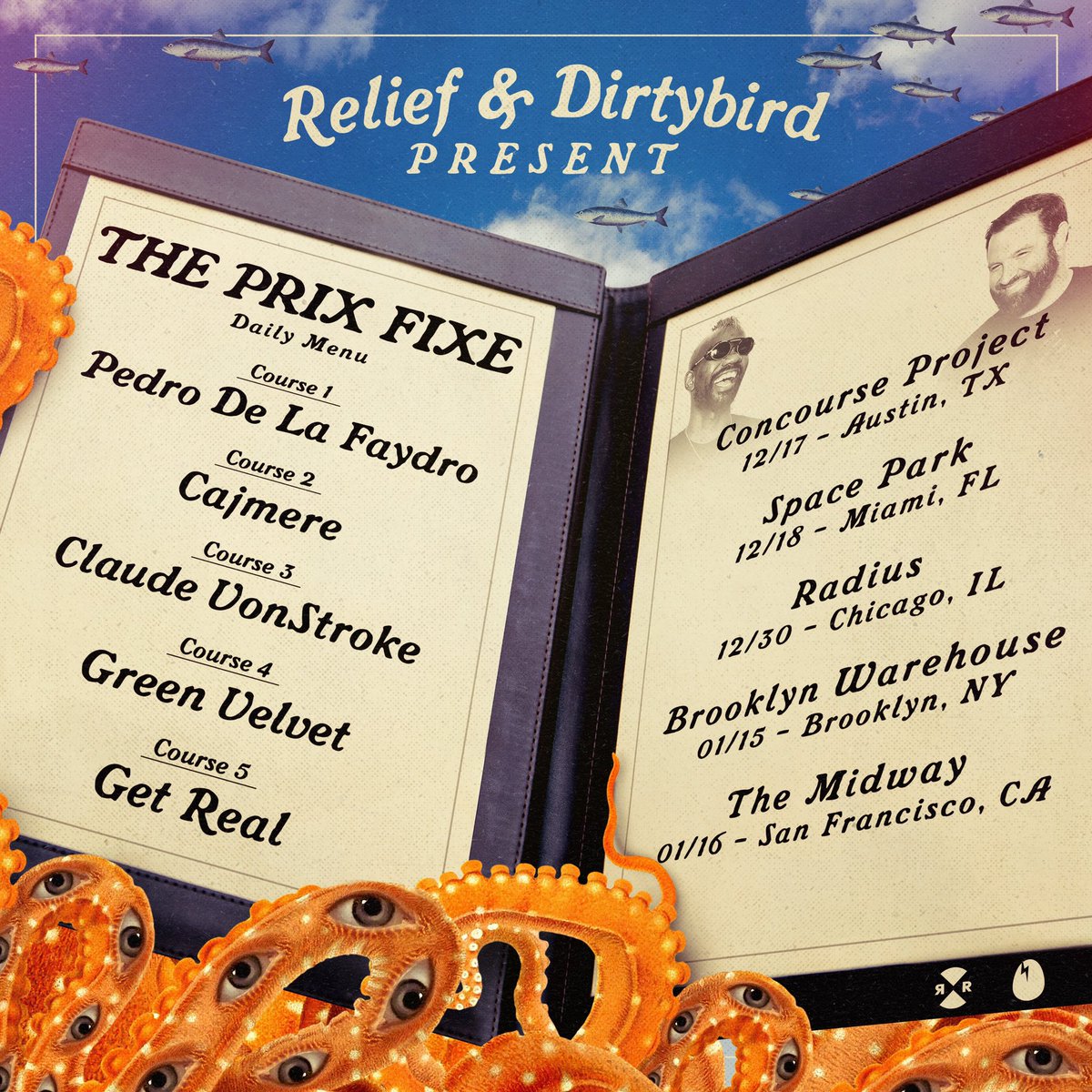 Dirtybird's tweet photo. We teamed up with @reliefrecords to serve up a Prix Fixe meal of a lifetime with @GreenVelvet_ &amp; @VonStroke 🍽

Tickets on sale Tuesday, Nov 9th 🥡 https://t.co/TGau2ok31V