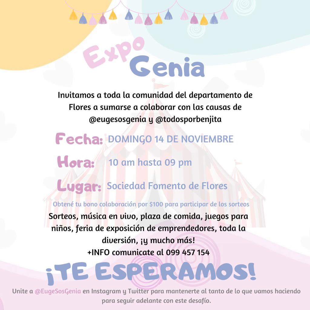 🌸EXPO GENIA🌸

Invitamos a toda la comunidad del departamento de Flores a sumarse! 

⇨ El domingo 14 de noviembre, desde las 10 am hasta las 09 pm en Sociedad Fomento de Flores.

⇨ Por más información comunicarse al celular 099 457 154.

#EuGENIA
#EugePequeñaGranGenia