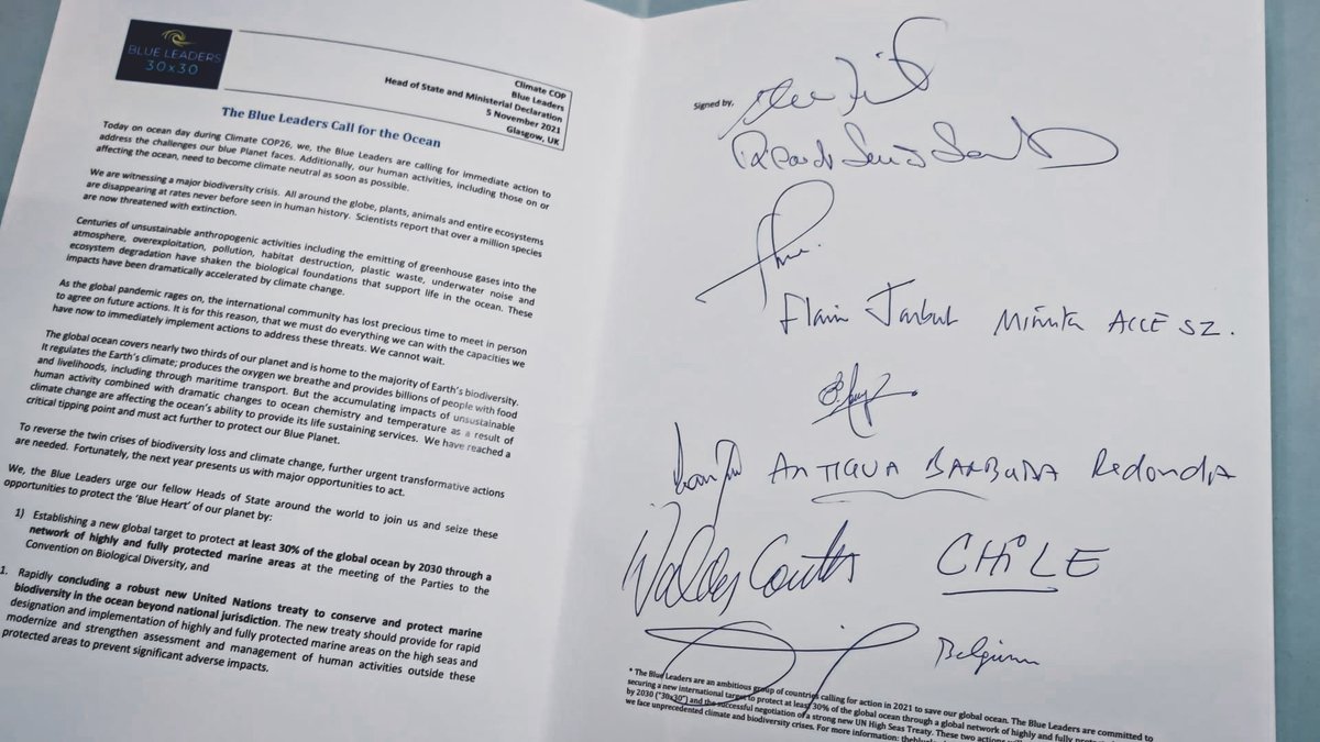 VincentVQ's tweet photo. Today, @theblueleaders present at #COP26 #Glasgow reaffirmed their commitment to #30x30 #HighlyFully and #BBNJtreaty by signing the Blue Leaders Declaration. Two goals that can be agreed on in 2022 and that will effectively protect the ocean. 👍 https://t.co/D4t68J0S33
