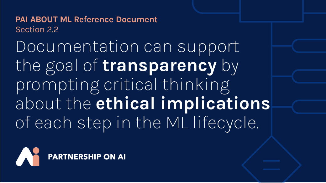 PartnershipAI's tweet photo. Beyond the benefits of a physical artifact, documentation of ML systems can prompt critical thinking and minimize harm. Learn more about how documentation can support #AI ethics goals in our #ABOUTML Reference Document: https://t.co/qY9mv0Qqbp https://t.co/AFh1BVvtM9