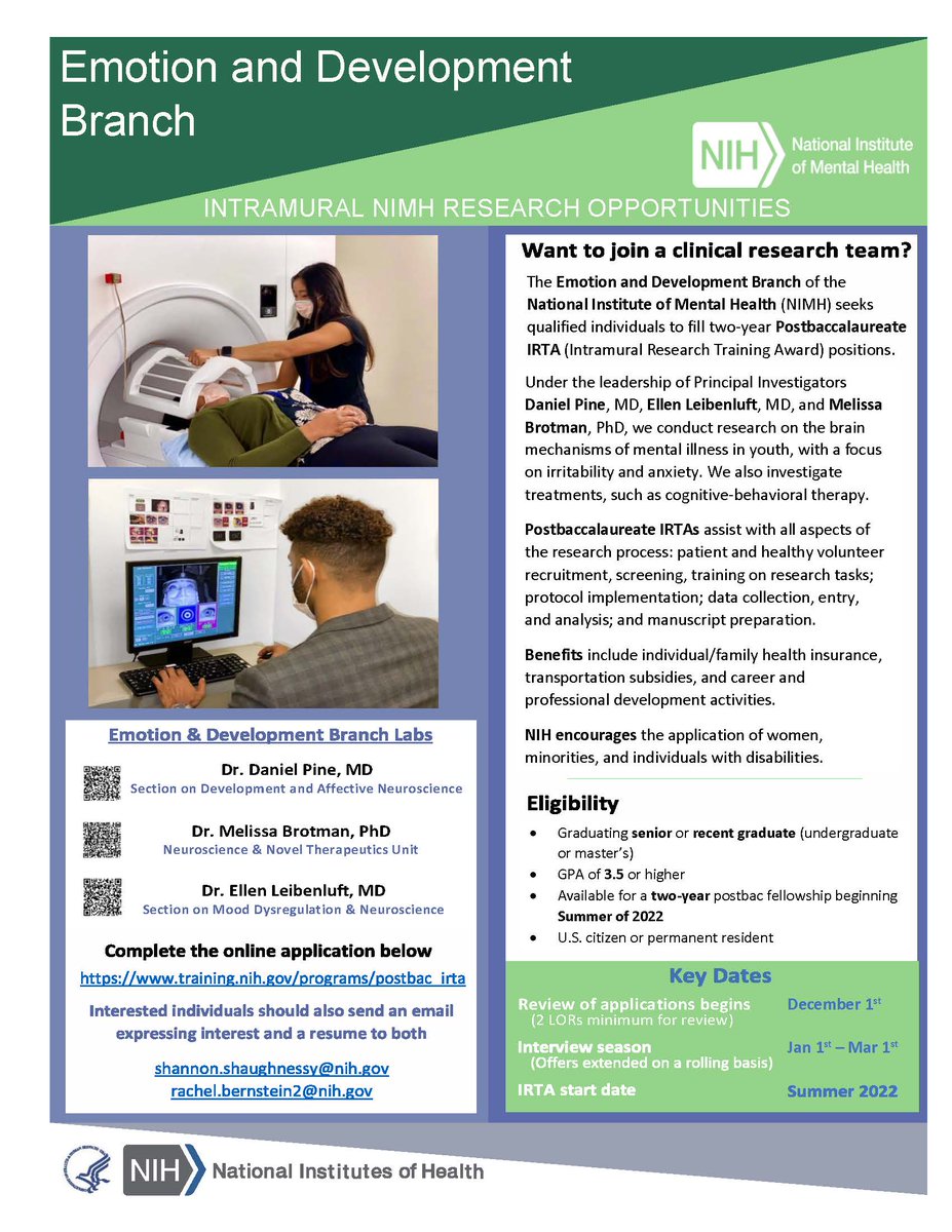 Dr. Elise M Cardinale (@elisecardinale) on Twitter photo The Emotion & Development Branch at <a href="/NIMHgov/">National Institute of Mental Health (NIMH)</a> is recruiting postbac research assistants for our 2022 cycle! Please forward the attached ad to anyone interested in the opportunity to gain experience studying neural mechanisms underlying anxiety and irritability in youth! The Emotion & Development Branch at <a href="/NIMHgov/">National Institute of Mental Health (NIMH)</a> is recruiting postbac research assistants for our 2022 cycle! Please forward the attached ad to anyone interested in the opportunity to gain experience studying neural mechanisms underlying anxiety and irritability in youth!