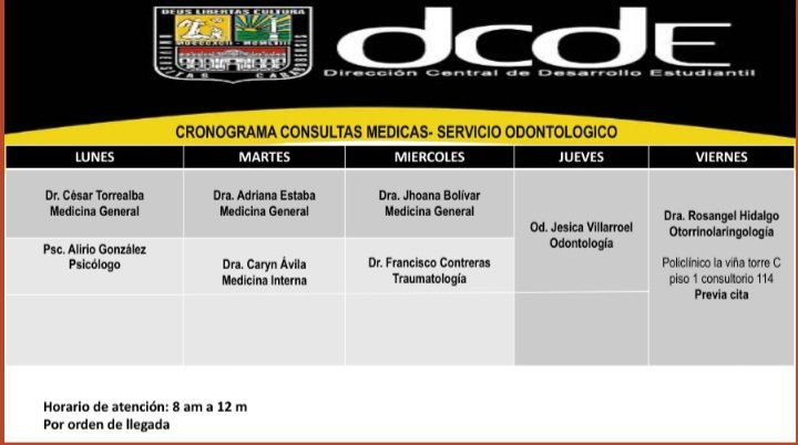 uc_dde's tweet photo. Cronograma de consultas médicas,  servicio de odontología, Ecografía y laboratorio correspondiente a la semana del 08 al 12 de noviembre de 2021, en las imágenes toda la información: https://t.co/OxebgKhwzJ
