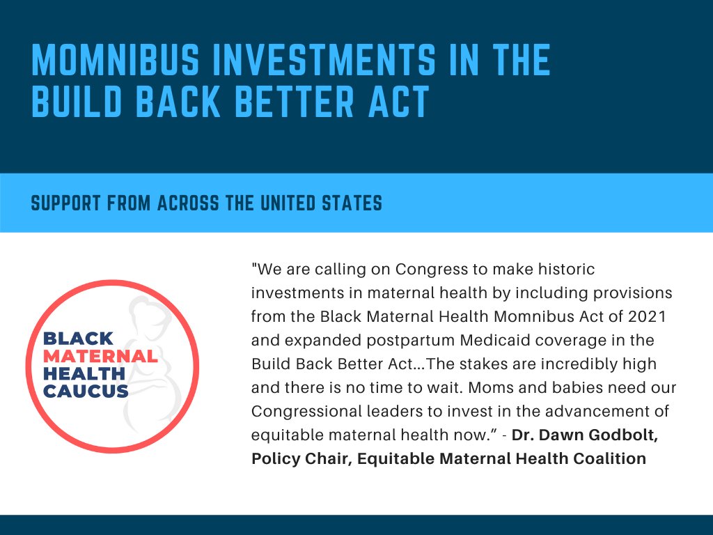 BMHCaucus's tweet photo. Last week, organizations across the United States shared their support for the historic #Momnibus and postpartum Medicaid investments in the #BuildBackBetter Act. Read more about why it's so critical to get this legislation passed and signed into law: https://t.co/RUbivy7loS https://t.co/1KbykgUbXQ
