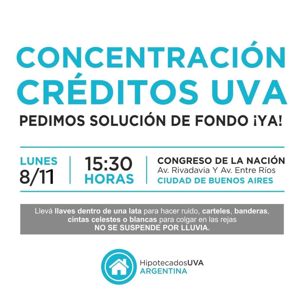 Las familias damnificadas por los #CréditosUVA nos movilizamos el lunes 8/11. 
A las 15:30 hs concentramos en el Congreso para pedirle a <a href="/alferdez/">Alberto Fernández</a> @cfk <a href="/SergioMassa/">Sergio Massa</a> que nos escuche, porque queremos pagar sin #UsuraUva