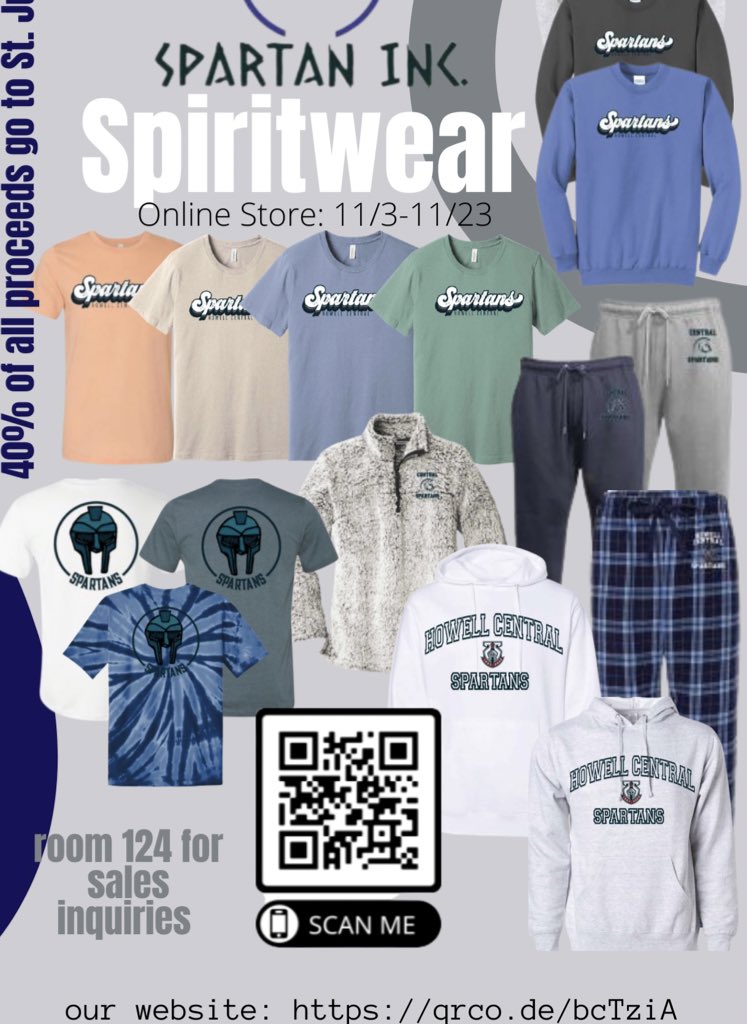Don’t forget to get your spirit wear! Spartan  Inc. spirit wear is open until 11/23. All designs created by students, so many style and color options, plus 40% of proceeds go to St. Jude! Thanks for your support!