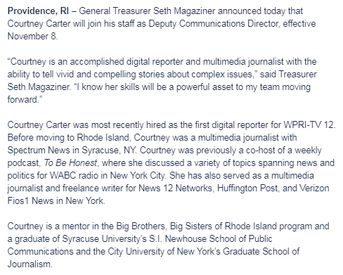 FitzProv's tweet photo. General Treasurer @RITreasury Seth Magaziner announces @_CourtneyNews will become deputy communications director, starting Monday. A former @wpri12 digital reporter and @NewhouseSU grad. https://t.co/I3lfaBWOlK