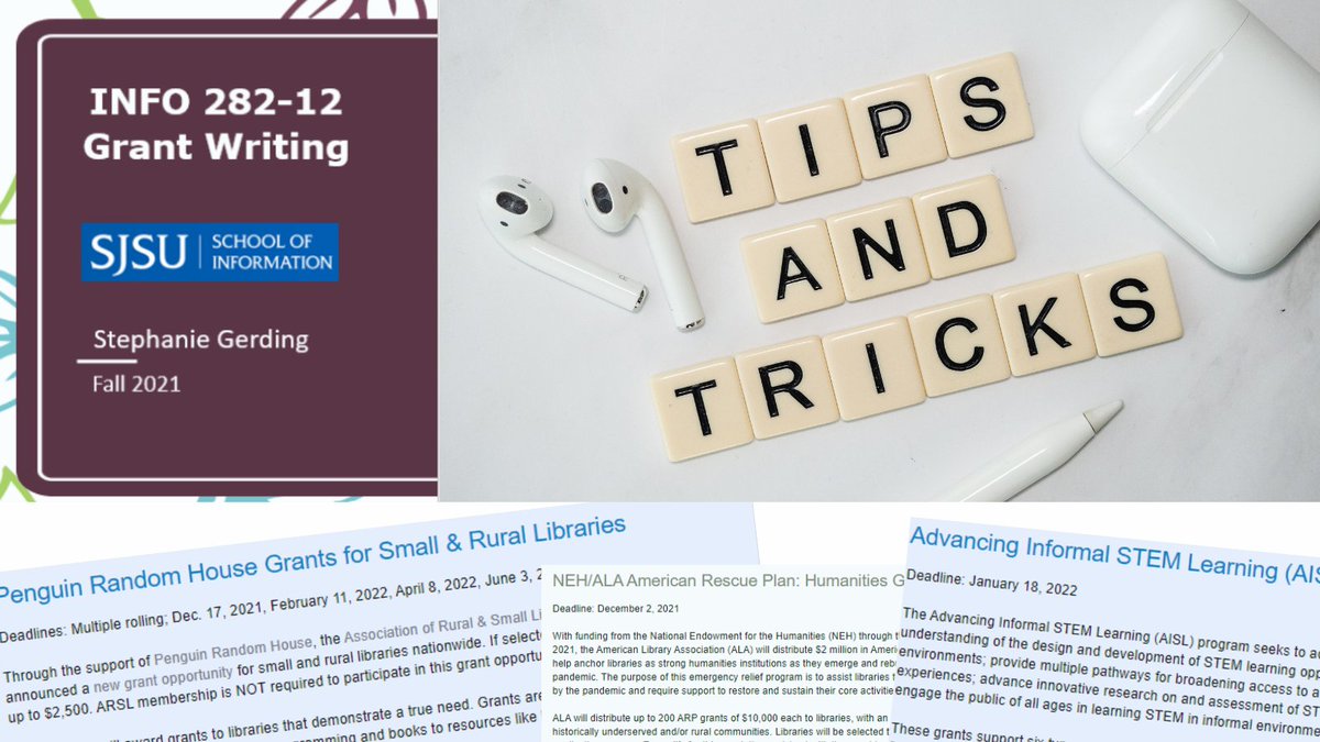 librarygrants's tweet photo. My awesome graduate-level @SJSUiSchool students are tweeting grant writing tips to share what they've learned with the library world in my grant writing course! I'll be retweeting them and you can follow #librarygrants! Visit https://t.co/Z3QRwAEFIv for grant opportunities! https://t.co/Gdipnj9vld