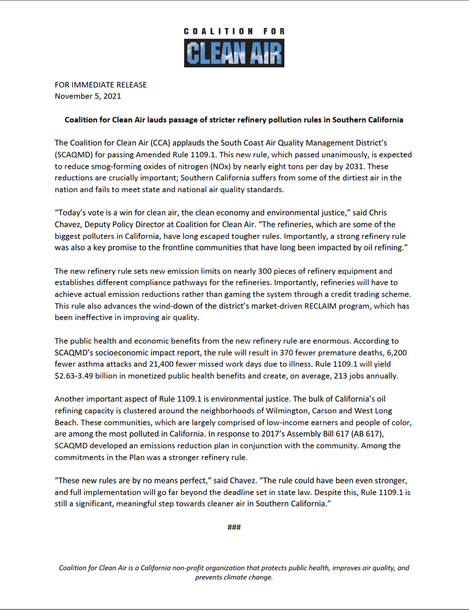 CleanairCA's tweet photo. STATEMENT: Coalition for Clean Air lauds passage of @SouthCoastAQMD #refineryrule:
“Today’s vote is a win for clean air, the clean economy and environmental justice," said Chris Chavez, Deputy Policy Director at CCA. https://t.co/qFg0sJJ3Ep